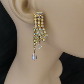 Vintage Rhinestone Clip On Earrings Ab Clear Faceted Crystal Bead Statement 948m