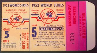 1952 World Series Ticket Game 5 York Yankees V Dodgers Erskine 11 Innings