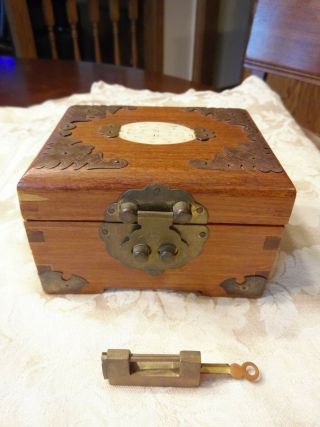 Vintage Asian Chinese Wooden And Brass Trinket Jewelry Box With Lock