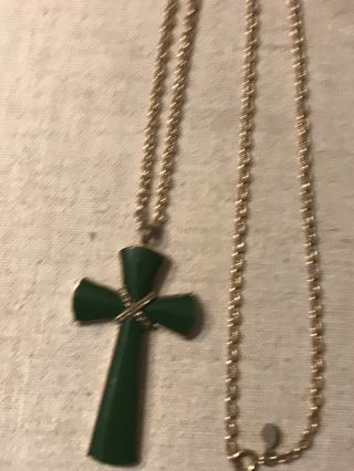 Vintage Avon Faux Jade And Gold Tone 2 1/2” Cross Pendant Necklace