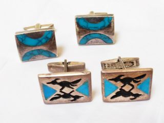 2 Vintage Sterling Silver Turquoise Cuff Links