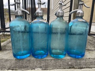 Four Antique Vintage Blue Seltzer Bottles Brooklyn Newark Nj