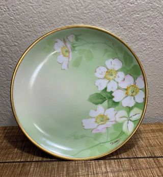 Vintage Limoges A Lanternier France Hand Painted Plate Green Flowers Gold Signed