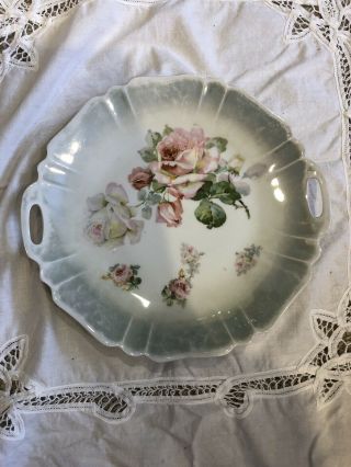 Vintage Made In Germany Porcelain Lustreware Handled Plate - White And Pink Roses