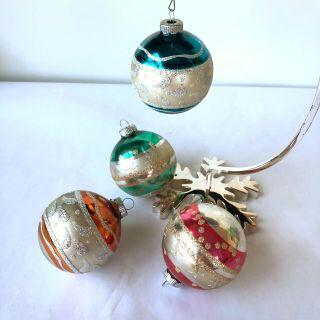 Set Of 4 Vintage Christmas Tree Shiny Brite Ornaments 2” Multi Colored Glitter