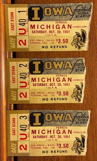 University of Iowa Hawkeyes Football 1951 Homecoming 3 Ticket Stubs vs Michigan 2