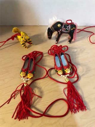 4 Vtg Asian Chinese Silk Embroidered Ornaments Tiger Horse Slippers