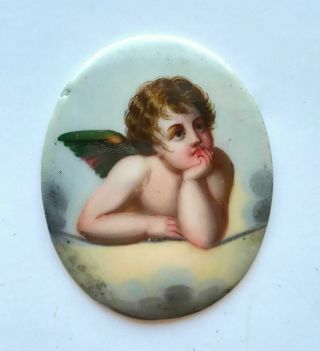 Antique 19th C.  French Hand Painted Oval Porcelain Miniature Portrait Of Angel