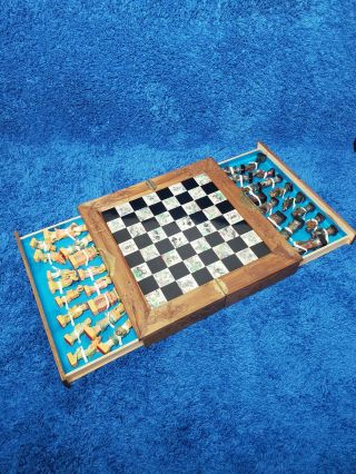 Vintage Antique Wooden Hand Carved Asian Chinese Or Japanese Chess Set