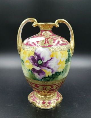 Antique Nippon Hand Painted & Gold Gilded Floral Vase 8.  75 " Dbl Handle Vintage