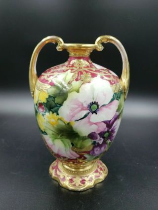 ANTIQUE NIPPON HAND PAINTED & GOLD GILDED FLORAL VASE 8.  75 