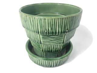 Vintage Mccoy Usa 4 " Flower Planter Pot Green Basket Weave W/ Saucer Water Basin