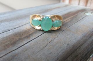 Vintage 10k Solid Yellow Gold 3 Stone Emerald Ring - Size 9