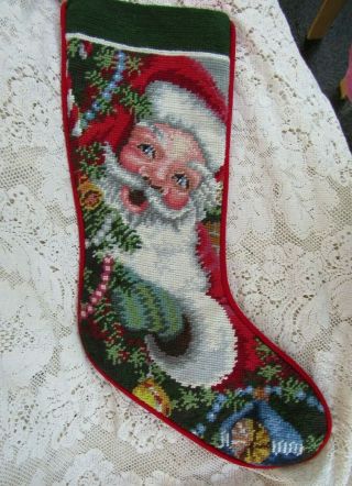 Vintage Wool Needlepoint Tapestry Santa Clause Face Ornaments & Tree 18 "