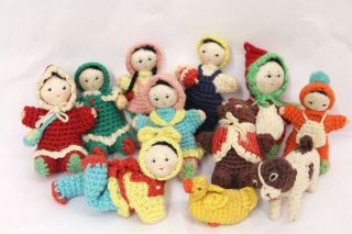Set Of 11 Vintage Amigurumi Dolls 2.  5 " Small Crochet Dolls With Animals