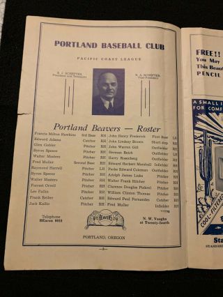 1939 PCL Baseball Program Portland Beavers INC Schedule Pacific Coast League 3