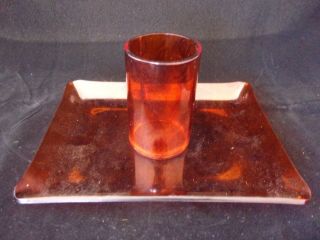 Vintage Mid Century Orange Brown Swirl Lucite Vanity Tray & Toothbrush Cup