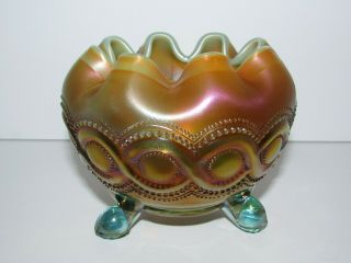 Antique Northwood Carnival Glass Beaded Cable Rose Bowl In Aqua Opal 813