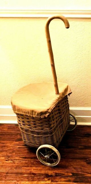 Vintage Rolling Cart Market Grocery Shopping Wicker Basket Cane Handle Antique