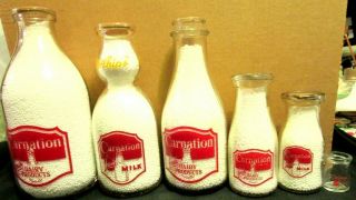 6 Vintage / Antique Carnation Glass Milk Bottles,  1/2 Gal,  1 Qt Cream Top & Reg,