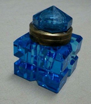 Antique Ice Blue Glass Inkwell Deep Cut Polished Base Bs
