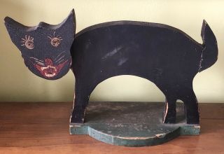Antique Filk Art Hand Made Painted Wood Black Scaredy Cat Halloween Decoration