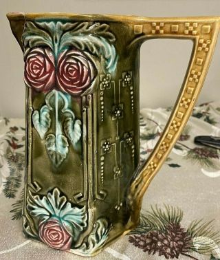 Antique French Frie Onnaing Majolica Art Nouveau Rose Green Pitcher 781