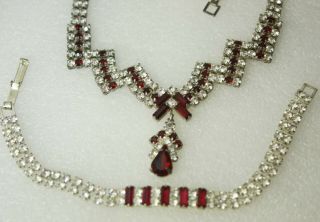 Vintage Prong Set Ruby & Clear Rhinestones Silver Tone Necklace Bracelet Set