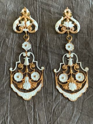Antique French Gold Plated Earrings With White Enamel - Finely Cut Arabesques