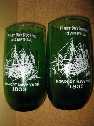 2 Vintage Emerald Green Glass Tumbler Cup Gosport Navy Yard United States 1833