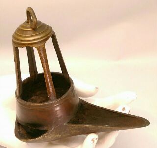 Antique 18th Century Spanish Colonial Hand Forged Brass Hanging Oil Betty Lamp