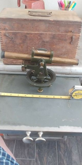 Antique Vintage Brass Surveyor Transit Level With Wood Case