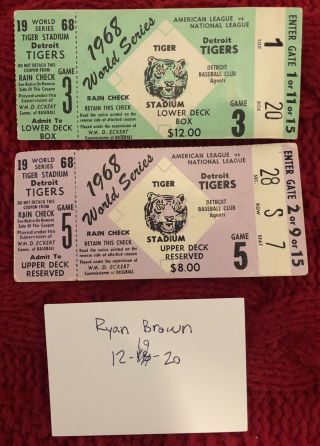 1968 World Series Ticket Stub X2 Detroit Tigers,  Game 4 And 5.  Historic Series
