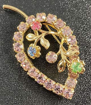 Vintage Brooch Pin 2” Flower Purple Crystal Rhinestones Gold Tone Leaf Lot1