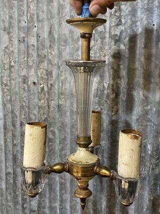 Vintage Art Deco Brass Clear Glass Ceiling Hanging Light Fixture 3 Bulb 13”