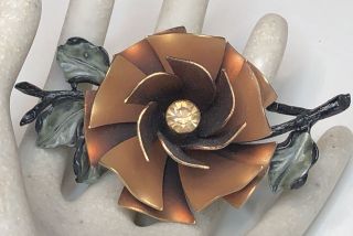 Vintage Coro Copper Petals & Enamel Flower Brooch Pin W/ Rhinestone Accent