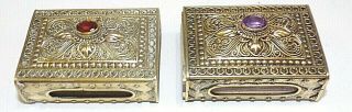 Gorgeous Set Of 2 Sterling Silver Jewelled Match Box Covers With Gold Gilt