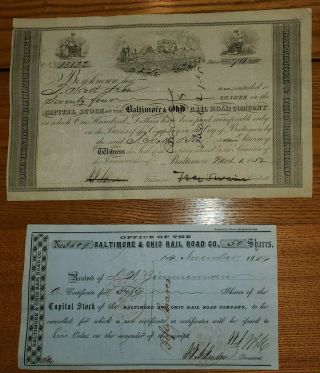 1852 B & O Railroad Stock Certificate Signed By T.  Swann & 1854 B&o Receipt