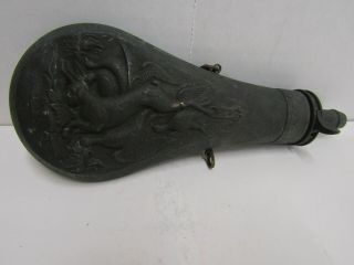 Old Collectible Antique Brass Metal Gun Powder Horn Decorative Case Animals