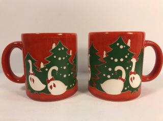 Set Of 2 Vintage Waechtersbach Christmas Coffee 12 Oz Mug Red Tree Goose Spain