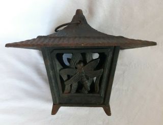 Antique Vintage Cast Iron Japanese Pagoda Garden Tea Candle Light Dragonflies