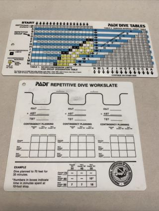 Vintage 1983 Padi Plastic Dive Tables 2 Sided Chart & Repetitive Dive Workslate