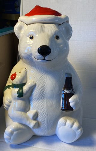 Vintage 1998 Coca Cola Coke Polar Bear Holiday Cookie Jar 9 " Tall