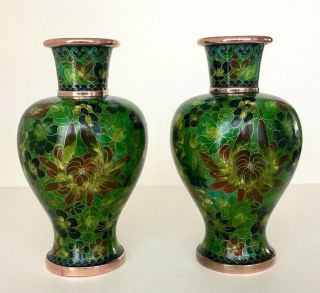 Antique CloisonnÉ Vases Enamel On Copper With Stunning Flower Detail