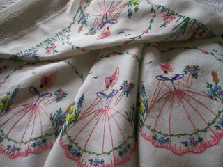 Vintage Hand Embroidered Linen Tablecloth - Exceptional Crinoline Ladies & Florals