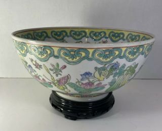 Vintage Chinese Multicolor Fruit Design Porcelain Bowl 10” X 4.  75 W/stand