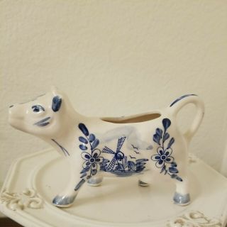 Vintage Delft Handpainted Blue & White Porcelain Cow Creamer Holland