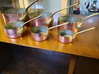 Set Of 6 Vintage French Copper Lined Saucepans,  Brass Handles