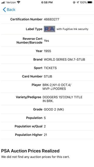 1955 World Series Ticket Stub Game 7 PSA 2 (MK) Brooklyn Dodgers Win vs Yankees 6