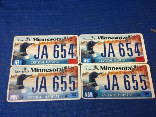 Minnesota Critical Habitat Loon License Plates Two Pair Consecutive Numbers